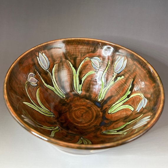 Brown Serving Bowl with Tulips