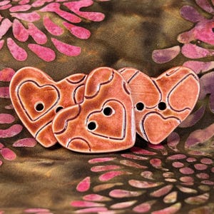 2 Dark Pink Heart Patterned Heart Shaped Buttons