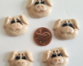 Five Handcrafted Ceramic Buttons, Cute Pig Faces, NOS