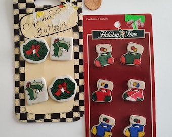 Ceramic Christmas Buttons, Two cards - Stockings, Wreaths and Holly - Westwater Enterprises, 1990's