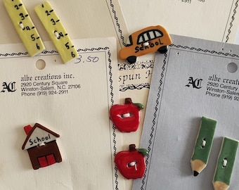 Great Group of School Themed Ceramic Buttons, Handcrafted, Albe creations, Homespun Heart - School Bus, Schoolhouse and more...