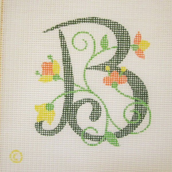 Green Initial B with Orange and Yellow Flowers, Hand Painted Needlepoint Canvas, monogram