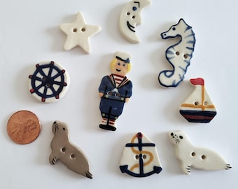 Nine Nautical Theme Ceramic Buttons - Sailor, Sailboat, Ship's Wheel, and more... Albe Creations, NOS