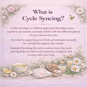 May include: An illustrated guide titled "What is Cycle Syncing?" with text explaining a wellness approach. The image includes a teacup with lemon, a bowl of nuts, and a calendar, surrounded by floral decorations.