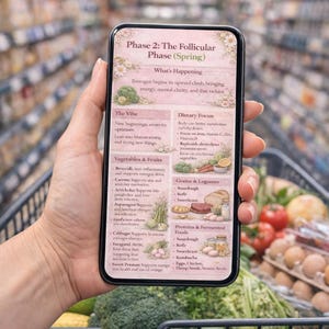 May include: A smartphone screen shows a pink infographic detailing the follicular phase of the menstrual cycle, including dietary advice and food groups. The phone is held in front of a shopping trolley filled with fresh produce.