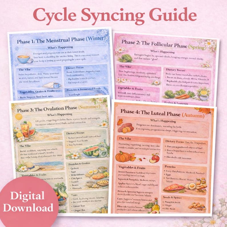 May include: A digital cycle syncing guide, divided into four phases: Menstrual (Winter), Follicular (Spring), Ovulation (Summer), and Luteal (Autumn). Each phase details the vibe, dietary focus, and recommended foods. The guide is a digital download.