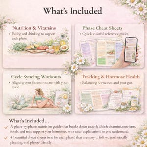 May include: An image titled "What's Included" presents four sections: Nutrition & Vitamins, Phase Cheat Sheets, Cycle Syncing Workouts, and Tracking & Hormone Health. The image also includes text describing a nutrition guide and cheat sheets.