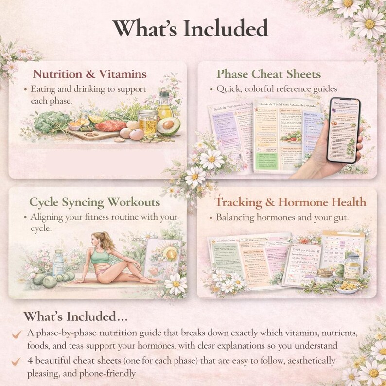 May include: An image titled "What's Included" presents four sections: Nutrition & Vitamins, Phase Cheat Sheets, Cycle Syncing Workouts, and Tracking & Hormone Health. The image also includes text describing a nutrition guide and cheat sheets.