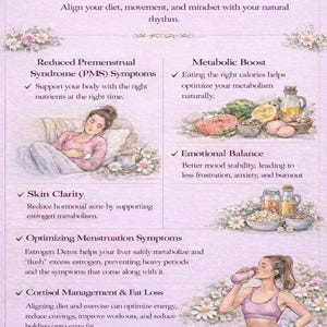 May include: An infographic titled "The Benefits of Cycle Syncing" detailing diet, movement, and mindset. Features illustrations of food, a woman resting, and a woman drinking from a bottle, all in a floral design.