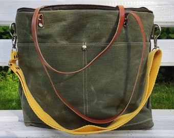 Green Waxed Canvas Shoulder / Crossbody Travel Bag Waxed Canvas Tote Bag , Zipper Closuse Wax canvas handbag for the weekender or work