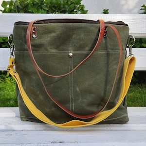 Green Waxed Canvas Shoulder / Crossbody Travel Bag Waxed Canvas Tote Bag , Zipper Closuse Wax canvas handbag for the weekender or work