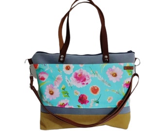 Gray and Mustard Bag , Floral Crossbody Bag , Floral Tote Bag  , Multipurpose Tote Bag , For Women , Adjustable Straps and Double Straps