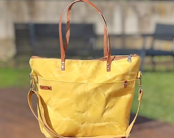 Large Yellow Waxed Canvas Tote Bag ,  Waxed canvas handbag for the weekender  Traveler or work, Crossbody bag, Casual  Multifunctional Bag