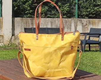 Large Yellow Waxed Canvas Tote Bag ,  Waxed canvas handbag for the weekender  Traveler or work, Crossbody bag, Casual  Multifunctional Bag