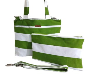 Canvas Striped Beach Bag - Top Zipper Closure -Tote Shoulder Bag For Gym Beach Travel