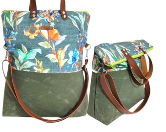 Green Waxed Canvas and Tropical Floral Weekend Bag,  Crossbody Bag