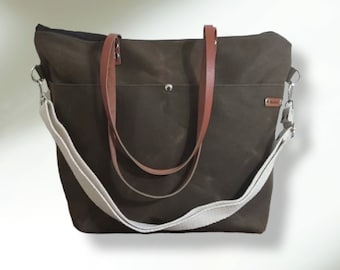 Large Brown Waxed Canvas Tote Bag ,  Waxed Canvas Shoulder Bag , Crossbody Diaper Bag