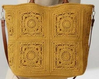 Mustard Granny Square Crochet Tote Everyday Bag, Boho Leather Handles Weekender Purse