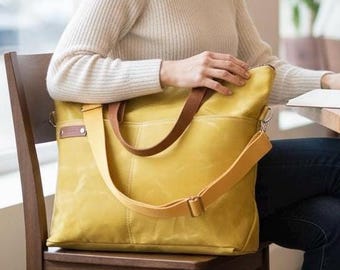 Gelb Gewachste Canvas Tote Arbeitstasche / Vollnarbenleder Riemen Crossbody Weekender Tasche
