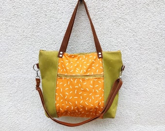 Traveler Canvas Tote, Waxed Canvas Crossbody Bag, Green Yellow Bag, Canvas Tote Bag, Multipurpose Bag,Women Crossbody Bag, Zipper Tote Bag