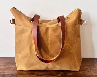 Leather Straps Mustard  Waxed Canvas Tote Bag ,  Waxed canvas Tote Long Leather Double Straps, Adjustable Strap Shoulder Bag