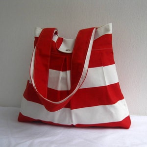 Tote Bag-Double Straps-Large-6 Large Pockets-Red and White image 4