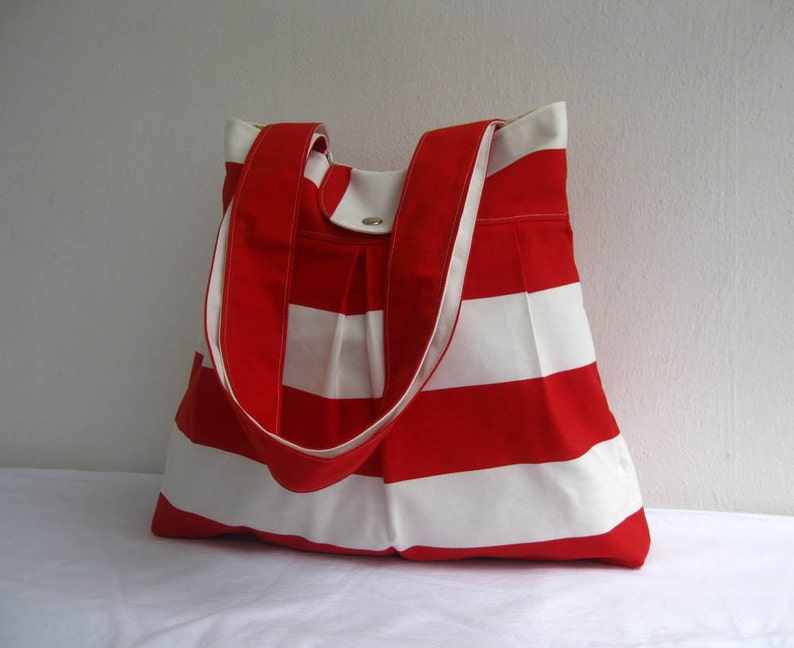 Tote Bag-Double Straps-Large-6 Large Pockets-Red and White image 4