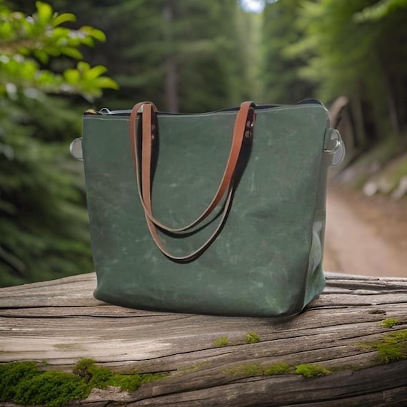 Green Waxed Canvas Tote Bag , Olive Green Waxed Canvas