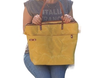 Large Yellow Waxed Canvas Tote Bag ,  Waxed canvas handbag for the weekender  Traveler or work, Crossbody bag, Casual  Multifunctional Bag