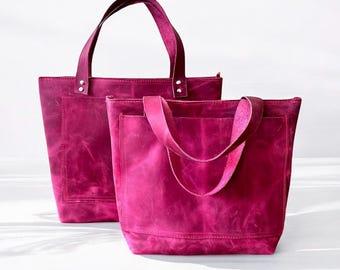 Fuchsia Pink Leather Tote Bag: Minimalist Zipper Handbag