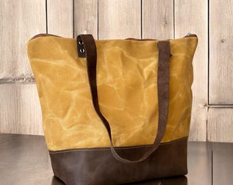 Gewachste Canvas und Leder Einkaufstasche, Braune Leder Einkaufstasche, Schultertasche mit Doppelriemen