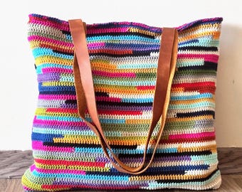 Boho Crochet Tote Bag: Vibrant Cotton Purse with Leather Handles