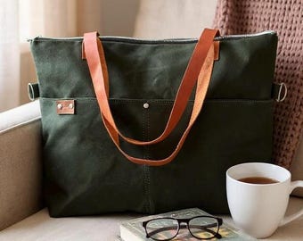 Personelized Waxed Canvas Tote Work Bag With Leather Straps , Water-Resistant Commuter Bag , Weekender Shoulder Bag