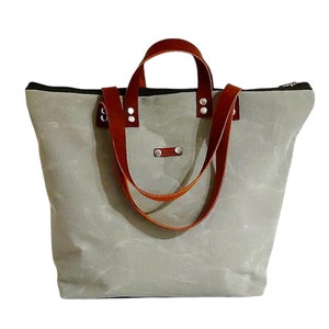 Waxed Canvas Bag ,Large Tote Bag , Zipper Closure Shoulder Bag , For Man , Unisex Bag ,For Women Bag , Weekend Bag , Laptop Bag image 8