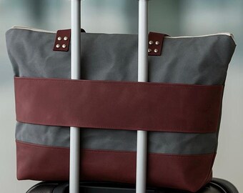Personalized Large Gray Waxed Canvas & Burgundy Leather Travel Tote with Trolley Sleeve | Carry-On Weekender