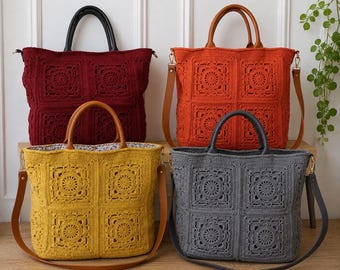 Crochet Tote Bag with Leather Handles, Personalized Bag, Handmade Large Market Tote, Boho  Bag, Gift for Her