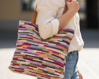Personalisierte handgemachte bunte Streifen häkeln Weekender Einkaufstasche: Vollnarbenleder Riemen Arbeitstasche, Boho Markt Geldbörse