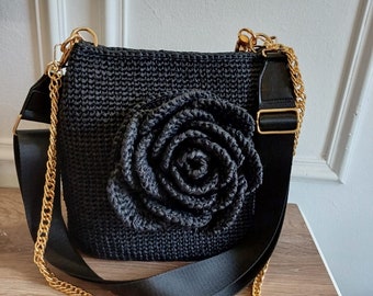 Black Crochet Three Straps Tote Bag