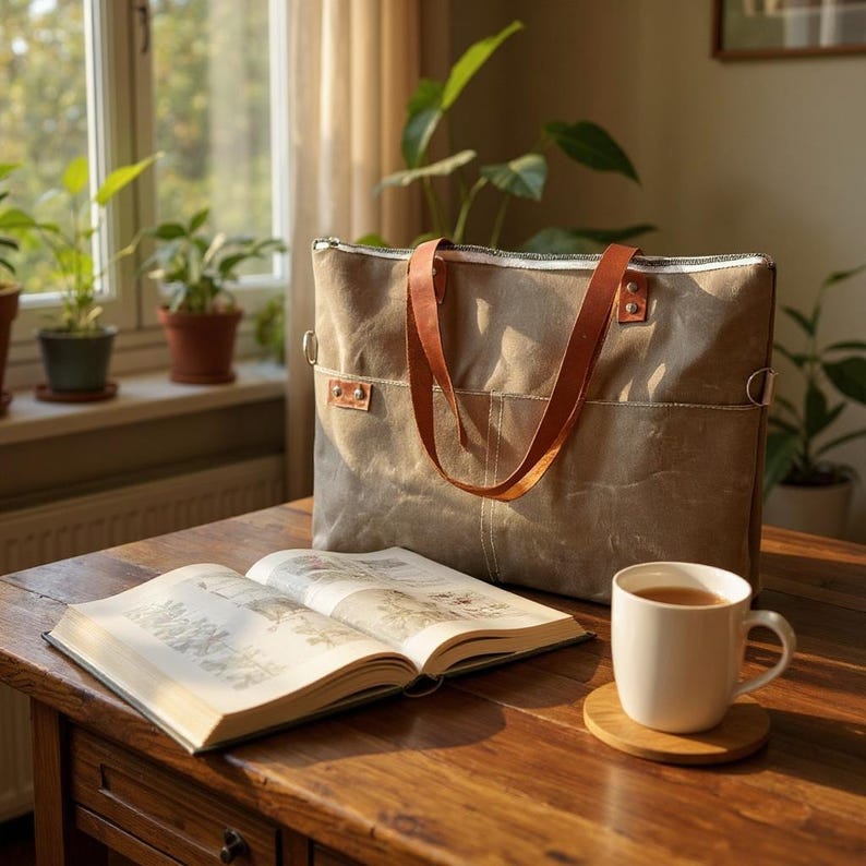 K&ouml;nnte beinhalten: Eine Canvas-Tragetasche mit braunen Ledergriffen steht auf einem Holztisch neben einem offenen Buch und einer wei&szlig;en Teetasse. Die Tasche ist in einem ged&auml;mpften Olivgr&uuml;n gehalten und hat einen Rei&szlig;verschluss und Au&szlig;entaschen. Unter der Tasse befindet sich ein Untersetzer aus Holz.