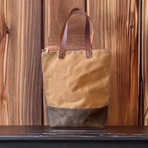 Brown Mustard Waxed Canvas Tote Bag ,  Waxed canvas handbag for the weekender  Traveler or work, crossbody bag, Casual  Multifunctional Bag