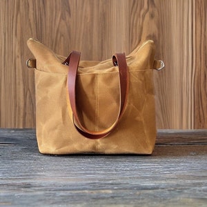 Mustard  Waxed Canvas Tote Bag  Waxed canvas Tote Long Leather Double Straps and Adjustable Strap Shoulder Bag