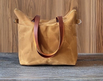 Mustard  Waxed Canvas Tote Bag  Waxed canvas Tote Long Leather Double Straps and Adjustable Strap Shoulder Bag