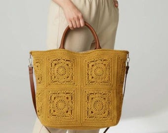 Senffarbe Oma Quadrat häkeln Tote Alltagstasche, Boho Leder Griffe Weekender Geldbörse