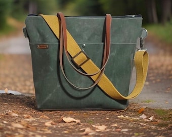 Personalisiertes Geschenk, Olive / Armee-Grün gewachste Canvas Tote Arbeitstasche, Lederriemen, Weekender Bag