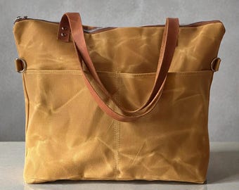 Gewachste Canvas-Einkaufstasche mit Ledergriffen - große handgefertigte Arbeitstasche, Alltagstasche, minimalistische Tote