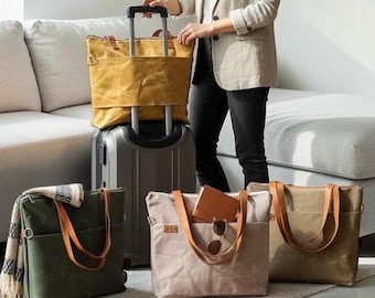 Personalisierte handgemachte gewachste Segeltuch Wochenend-Laptoptasche, Leder-Reisetasche mit Trolley-Tasche