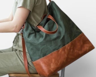 Green Waxed Canvas Convertible Backpack Tote: 16 inch Laptop Bag with Full - Grain Leather