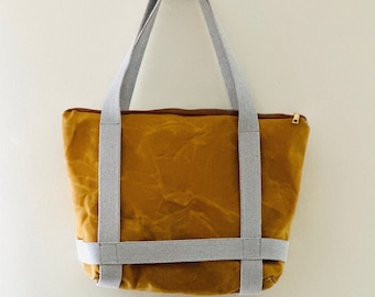 Mustard  Waxed Canvas Large Tote Bag , Zipper Closure  and Gray Double Straps Shoulder Bag