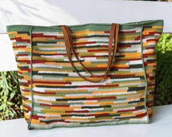Große häkeln Weekender Einkaufstasche mit Lederriemen, Streifen bunte Oma Schulter Arbeitstasche