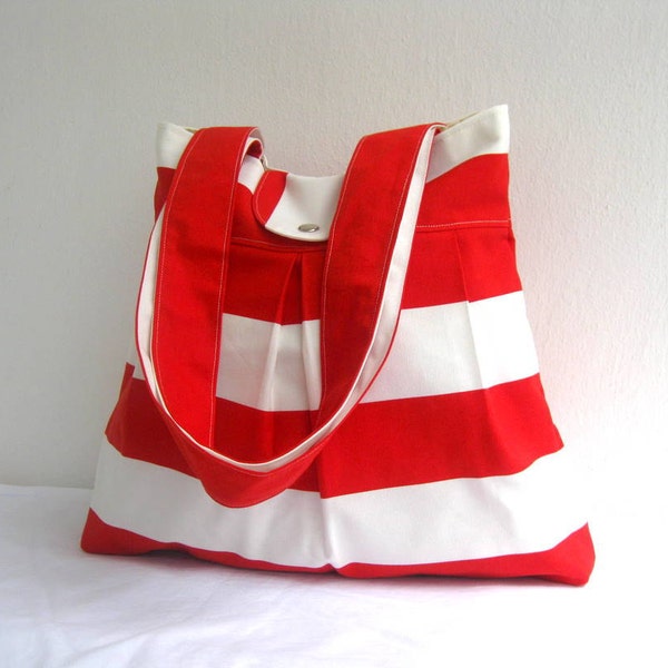 Tote Bag-Double Straps-Large-6 Large Pockets-Red and White